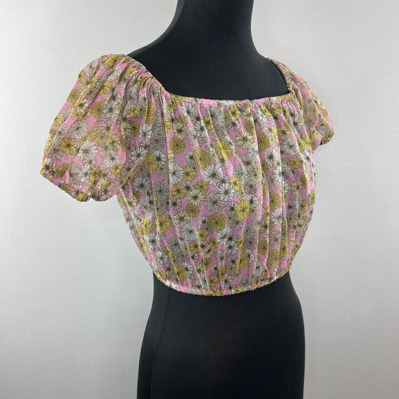 NWT LISA MARIE FERNANDEZ Pink Floral Puff Sleeve Square Neck Cotton Crop Top 2 - Picture 4 of 9